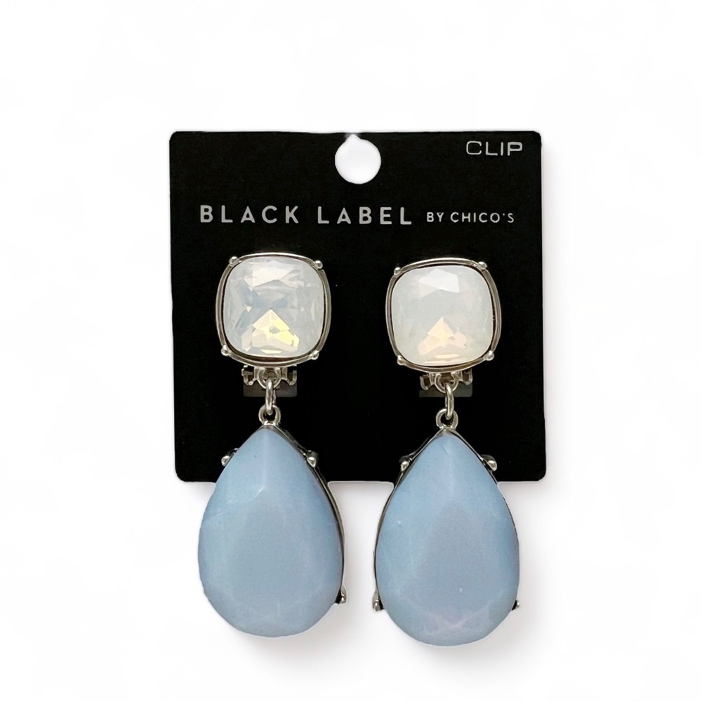 Chicos Blue Opalescent Glass Crystal Teardrop Dangle Clip On Earrings NEW